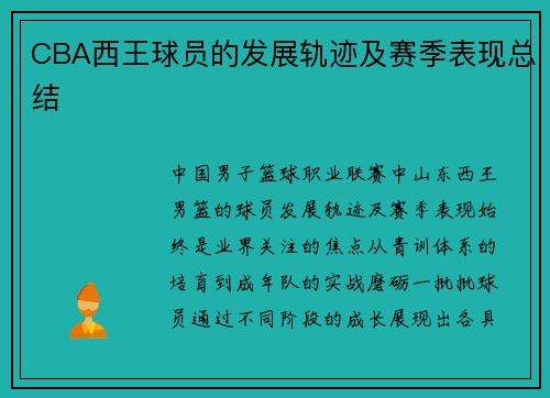 CBA西王球员的发展轨迹及赛季表现总结